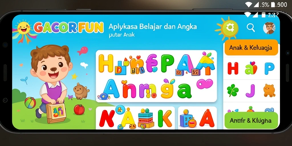 Antarmuka GACORFUN menunjukkan aktivitas belajar huruf dan angka yang interaktif.
